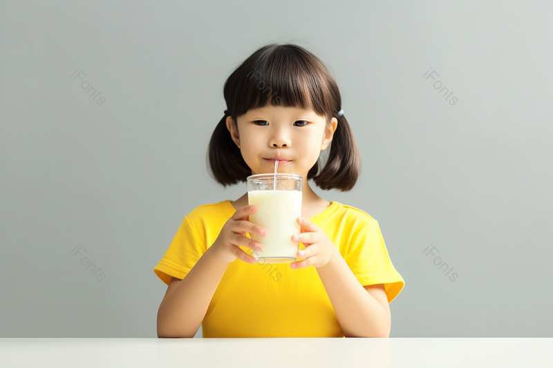 小女孩喝完牛奶很开心用吸管喝牛奶的小孩摄影真实,高清,摄影图,摄影图片,图片大全,摄影图免费下载